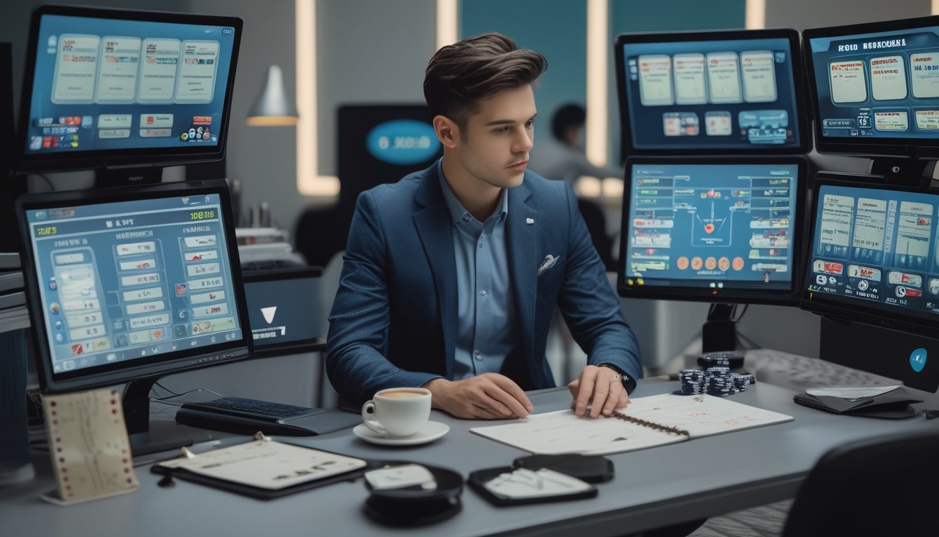 Seorang individu fokus mengatur beberapa meja baccarat di depan beberapa monitor komputer di sebuah ruangan permainan modern.
