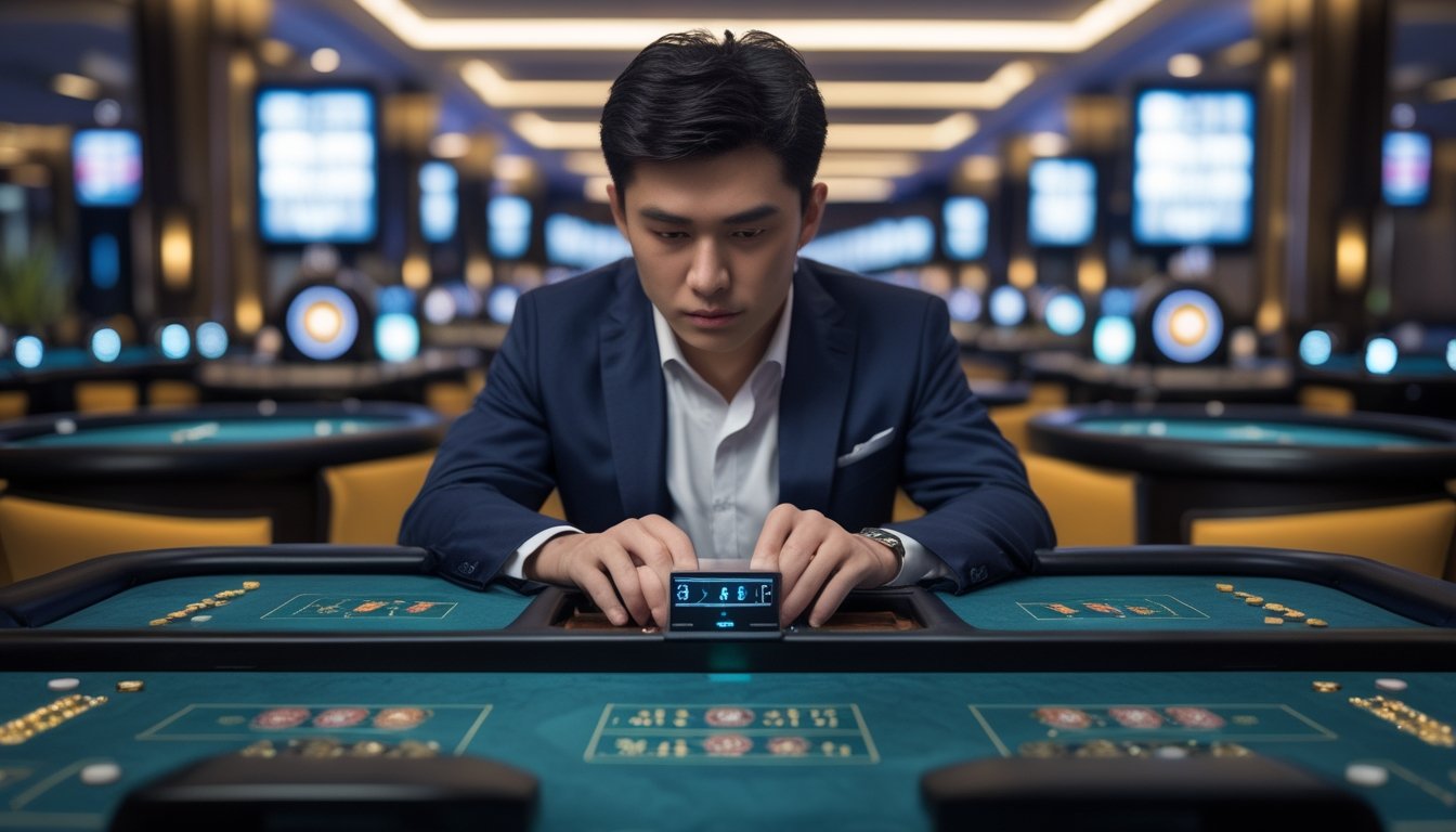 Seorang individu fokus mengatur waktu saat bermain di beberapa meja baccarat di kasino modern.