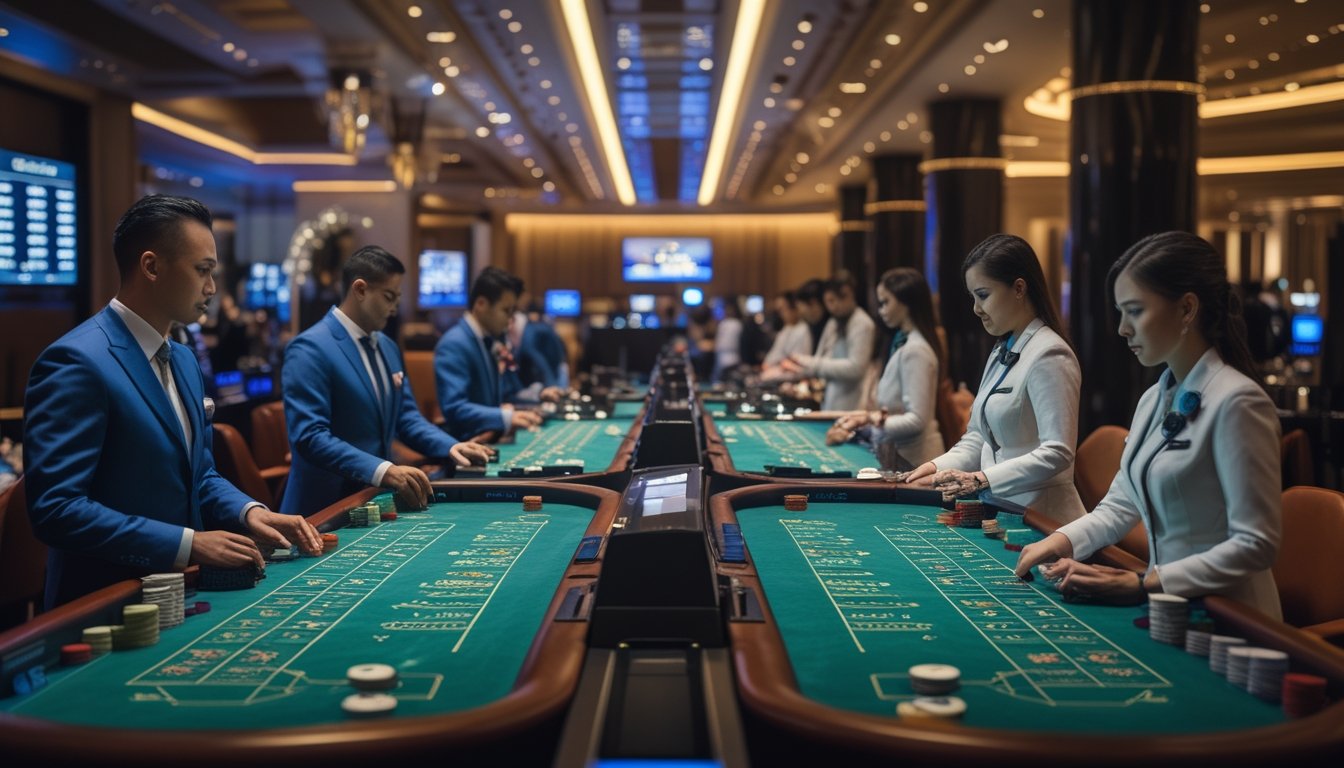 Suasana kasino langsung dengan beberapa meja baccarat yang dijalankan oleh dealer dan pemain yang fokus bermain.