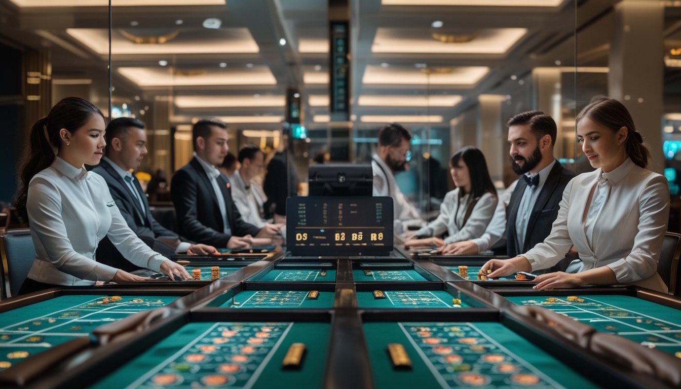 Suasana kasino langsung dengan beberapa meja baccarat yang dijalankan secara bersamaan oleh dealer dan pemain yang fokus bermain.