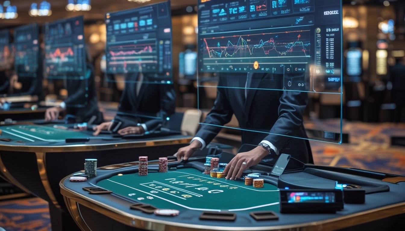 Beberapa meja baccarat dengan kartu, chip, dan layar digital yang menampilkan pola statistik di suasana kasino.