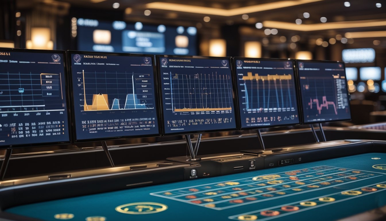 Meja baccarat dengan beberapa layar yang menampilkan grafik statistik dan pola kartu di kasino modern.