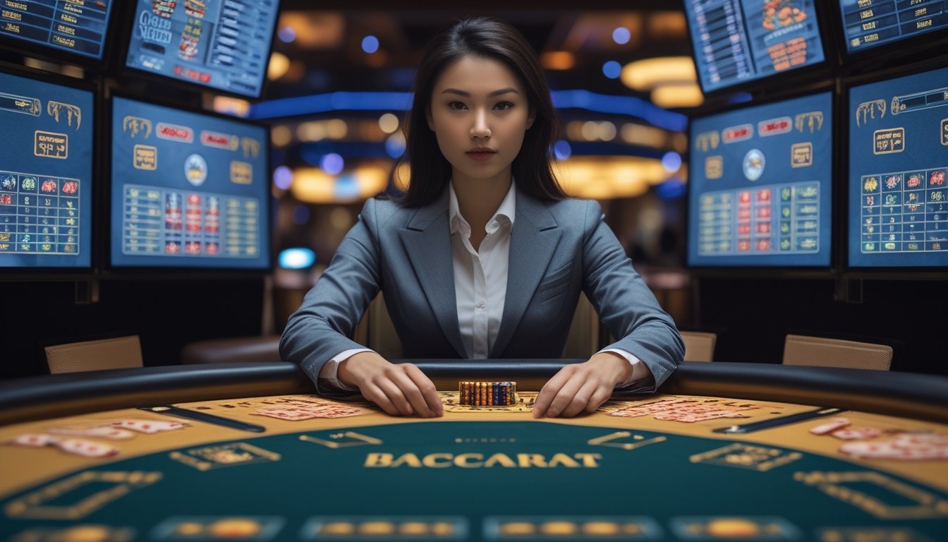 Seorang wanita Asia yang fokus duduk di meja kasino dengan beberapa layar permainan baccarat di depannya, menganalisis data taruhan.
