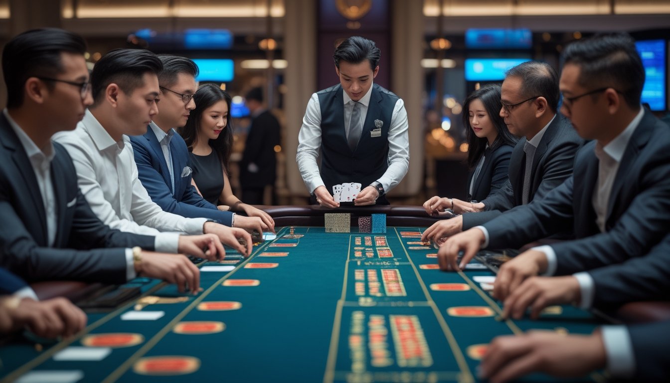 Beberapa meja baccarat dengan pemain dan dealer yang sedang bermain di sebuah kasino modern.