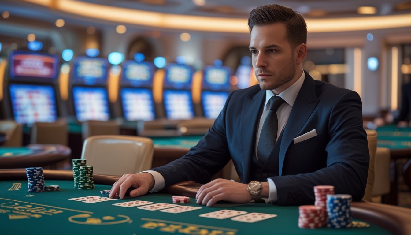 Seorang pria fokus duduk di meja baccarat dengan beberapa layar dan kartu di kasino mewah.