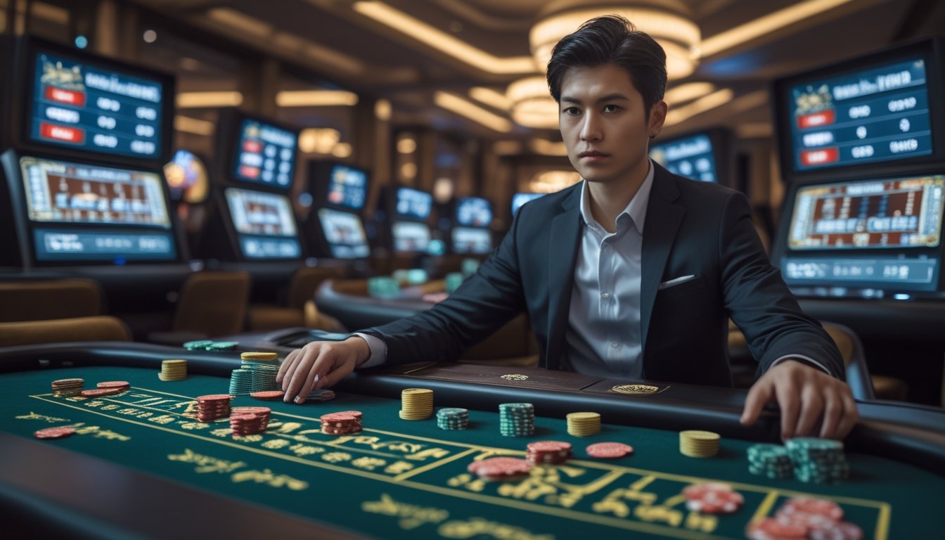 Seorang pemain baccarat profesional yang fokus mengelola beberapa meja baccarat di dalam kasino dengan kartu dan chip di sekitarnya.