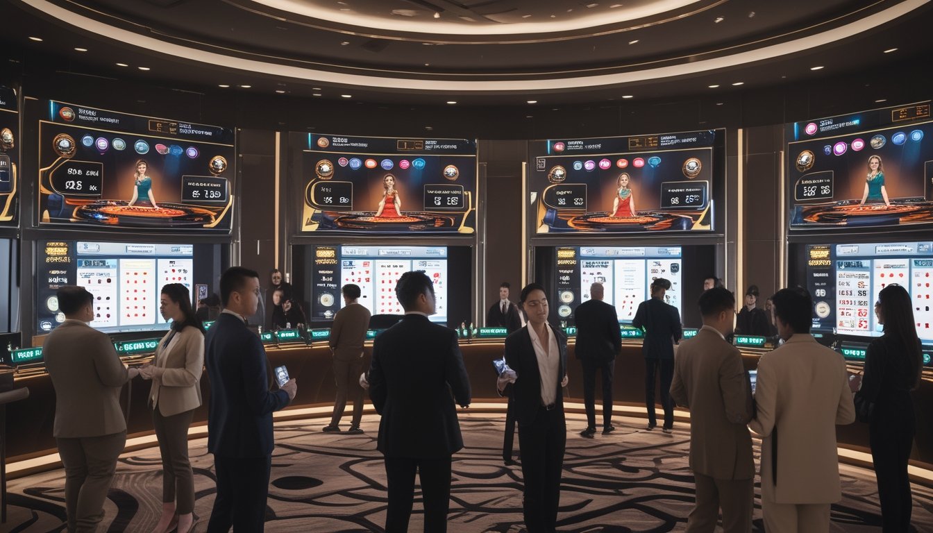 Orang-orang menggunakan beberapa layar dan perangkat digital untuk bermain dan memasang taruhan pada permainan Baccarat di sebuah ruang permainan modern.