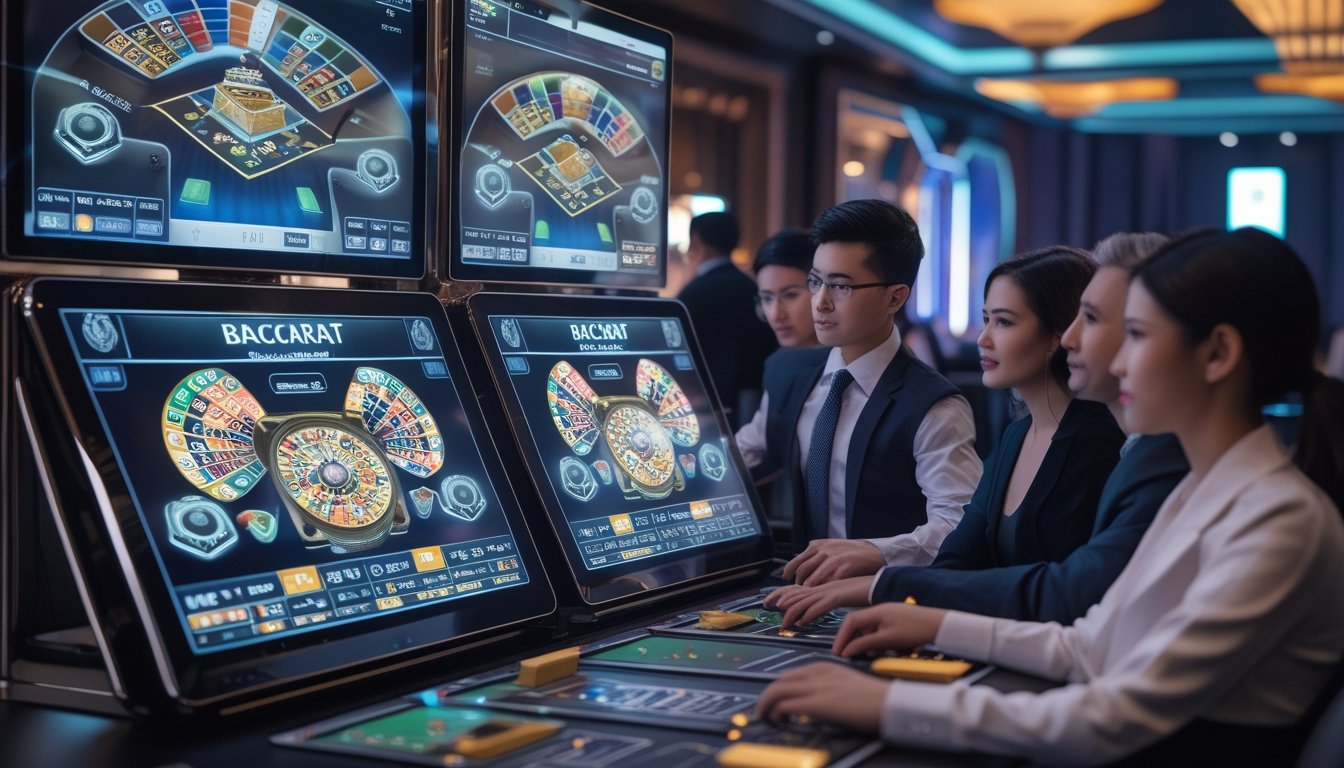 Beberapa pemain sedang menggunakan beberapa layar untuk bermain baccarat dengan fitur taruhan ganda di lingkungan kasino modern.