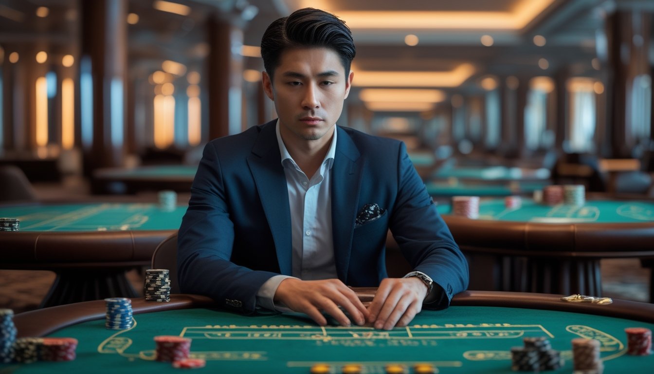 Seorang pria Asia fokus duduk di meja baccarat multitable di kasino dengan ekspresi tenang dan konsentrasi tinggi.