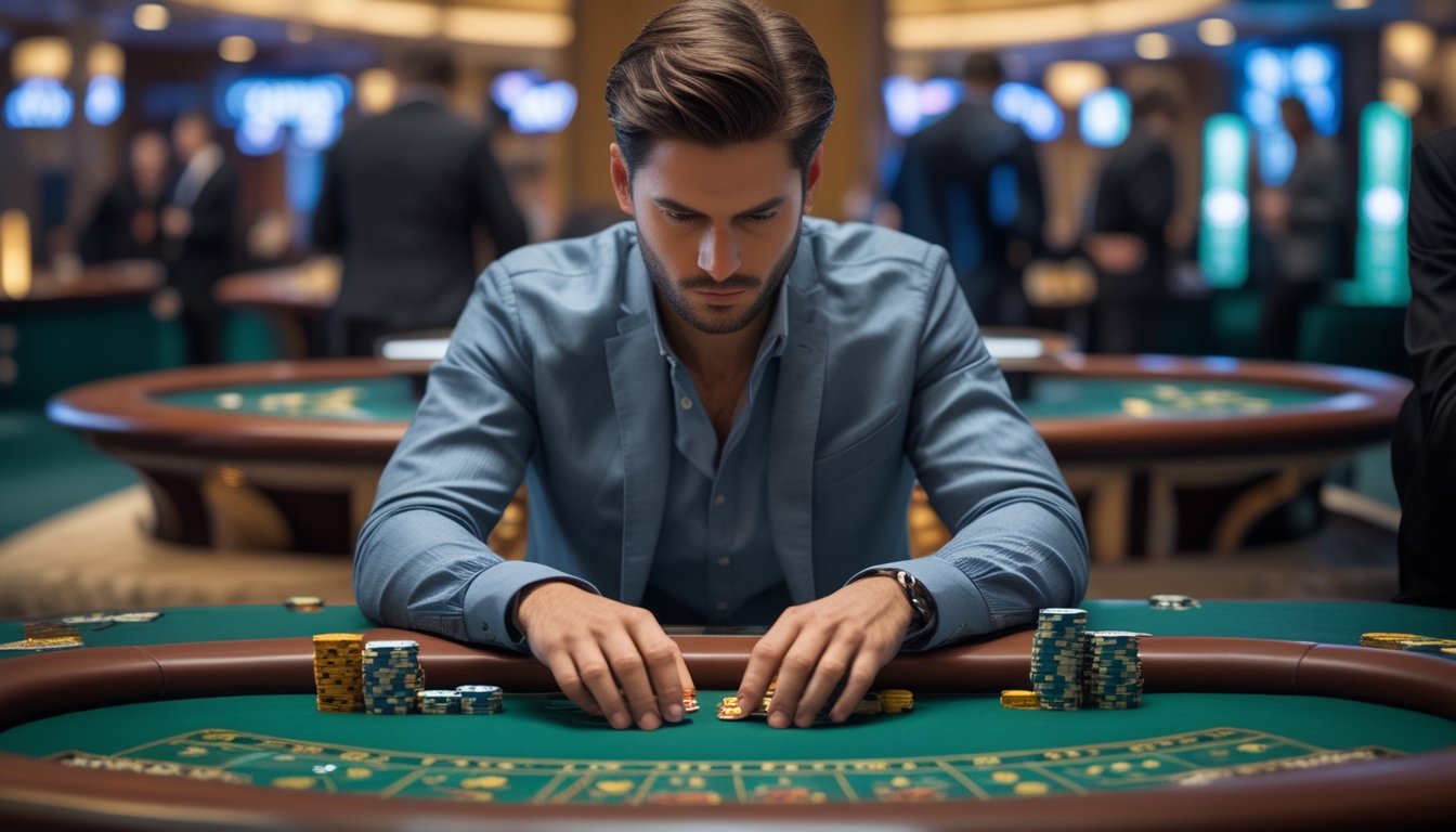 Seorang pria fokus duduk di depan beberapa meja baccarat di kasino dengan suasana yang sibuk.