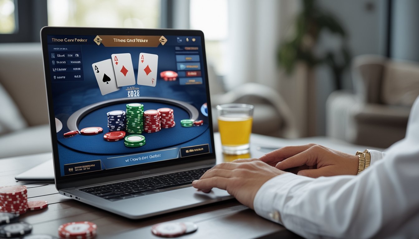 Seseorang bermain Three Card Poker online menggunakan laptop di meja dengan kartu dan chip poker.