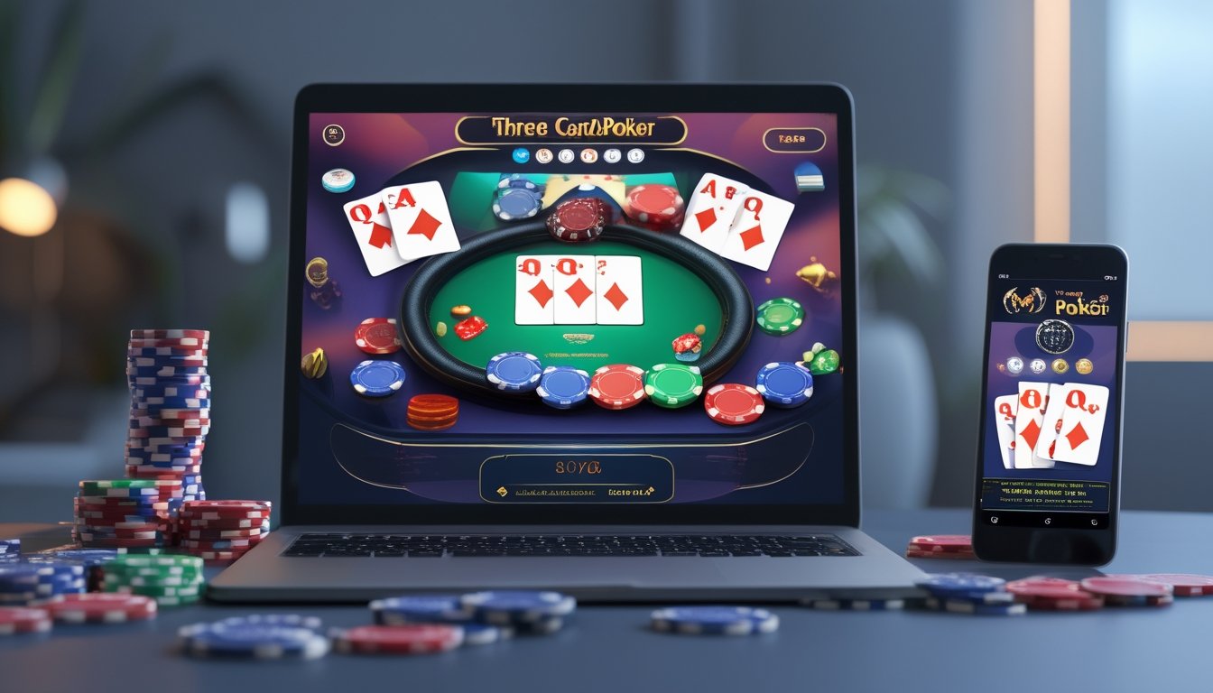 Sebuah laptop dengan permainan Three Card Poker online yang menampilkan kartu dan chip poker di meja dengan latar belakang ruangan yang rapi.