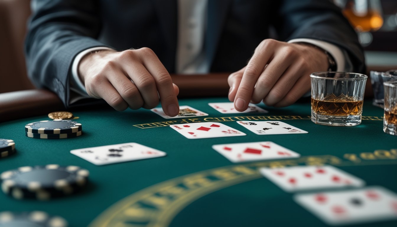 Tangan seseorang sedang memegang tiga kartu poker di atas meja hijau dengan tumpukan chip dan minuman di latar belakang.
