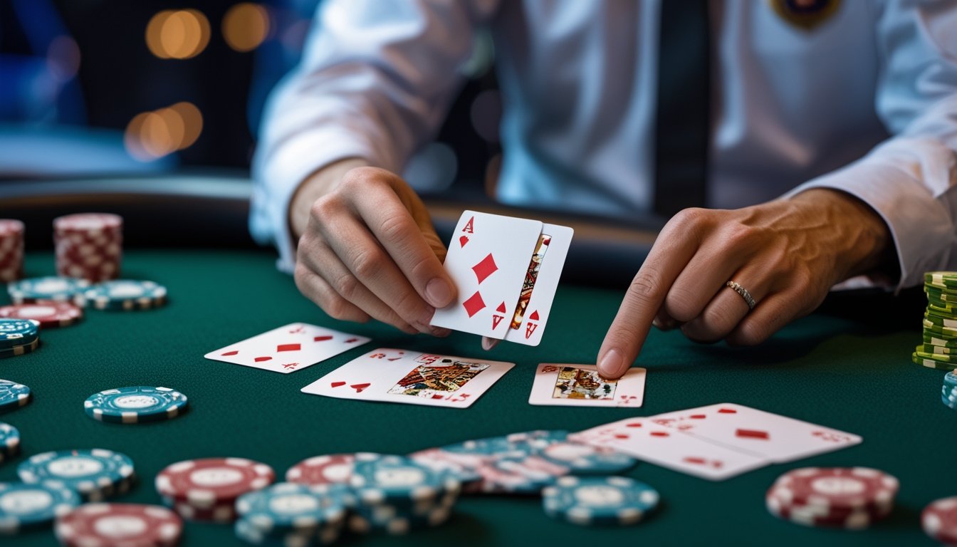 Seorang dealer mengatur tiga kartu poker di atas meja hijau dengan tumpukan chip di sekitarnya dalam suasana kasino.