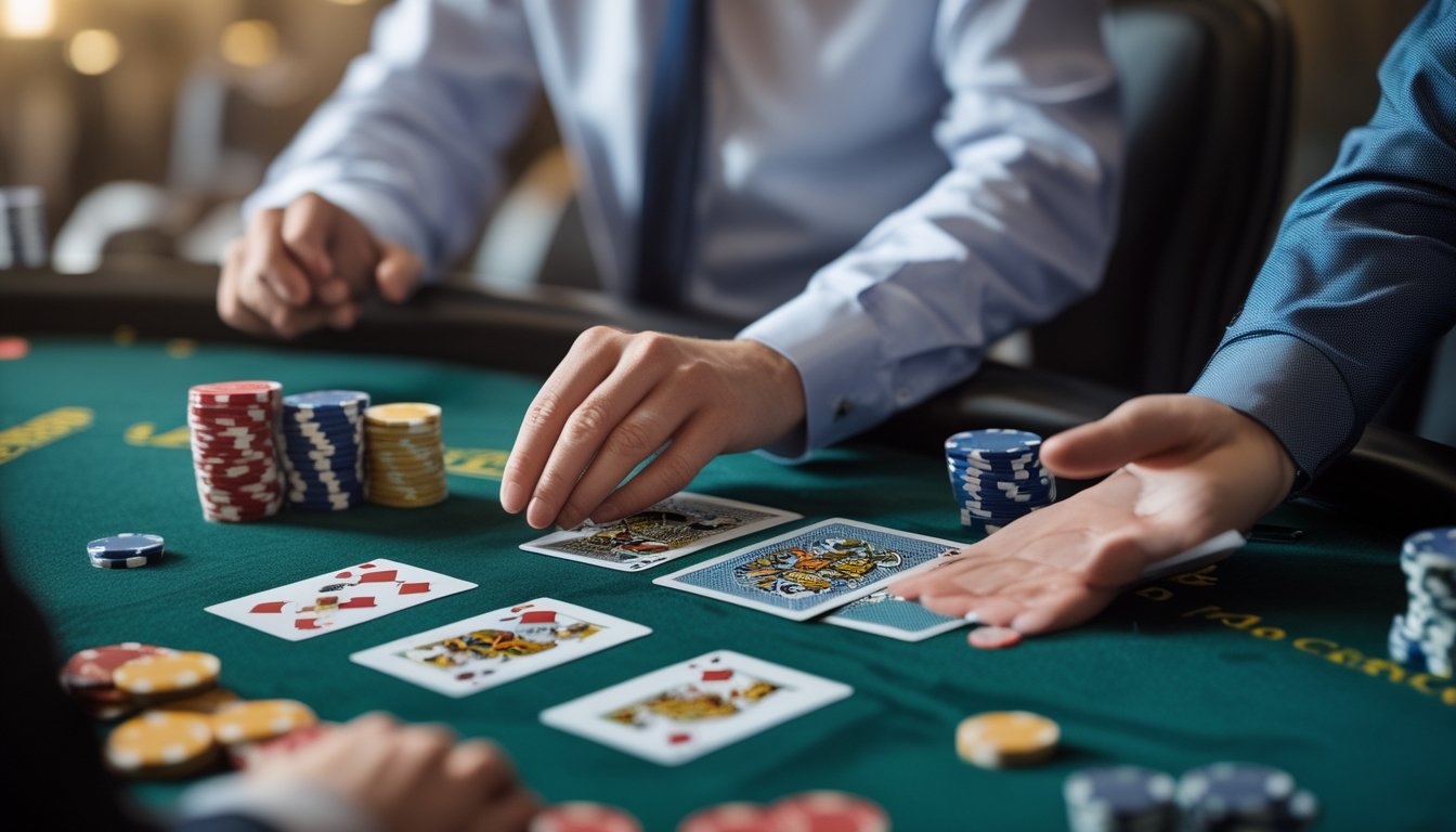 Tangan dealer membagikan tiga kartu poker di atas meja kasino dengan tumpukan chip di sampingnya.