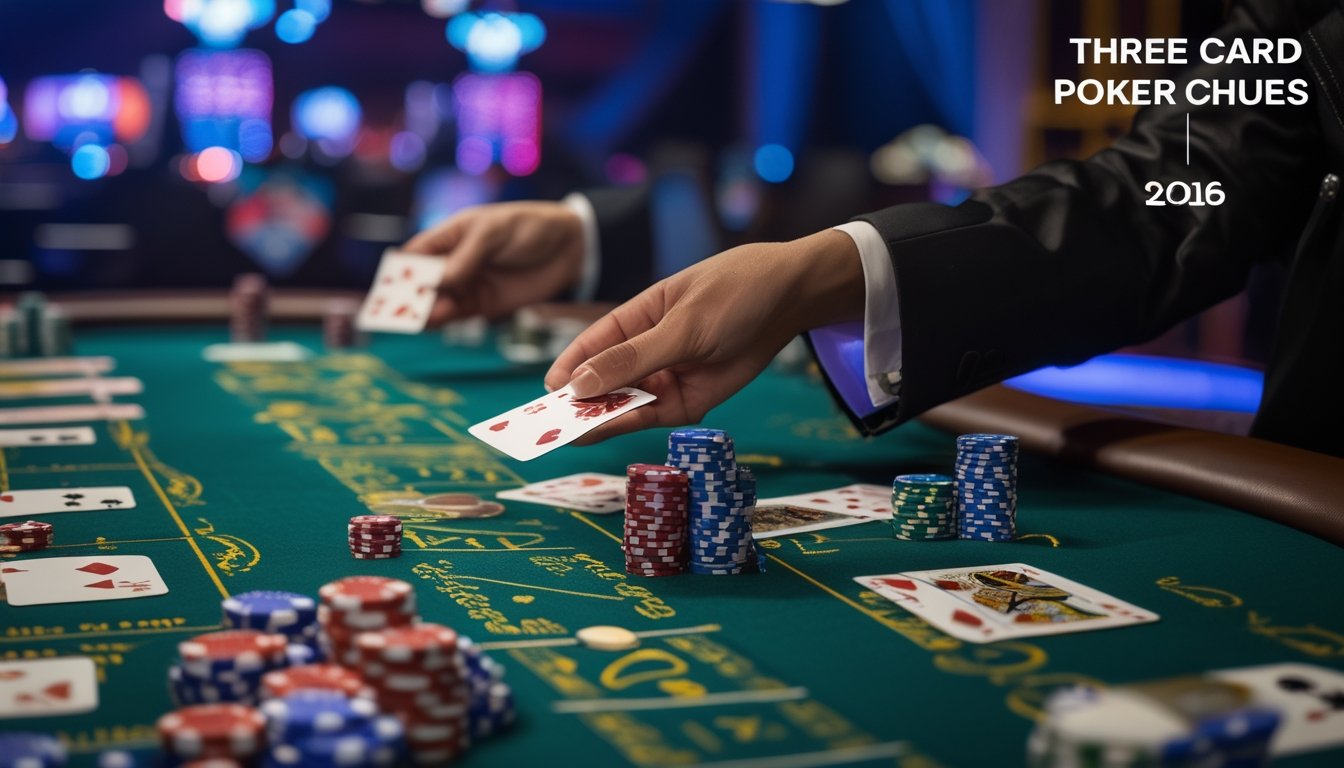 Meja poker dengan kartu dan chip, dealer sedang membagikan kartu Three Card Poker di kasino.