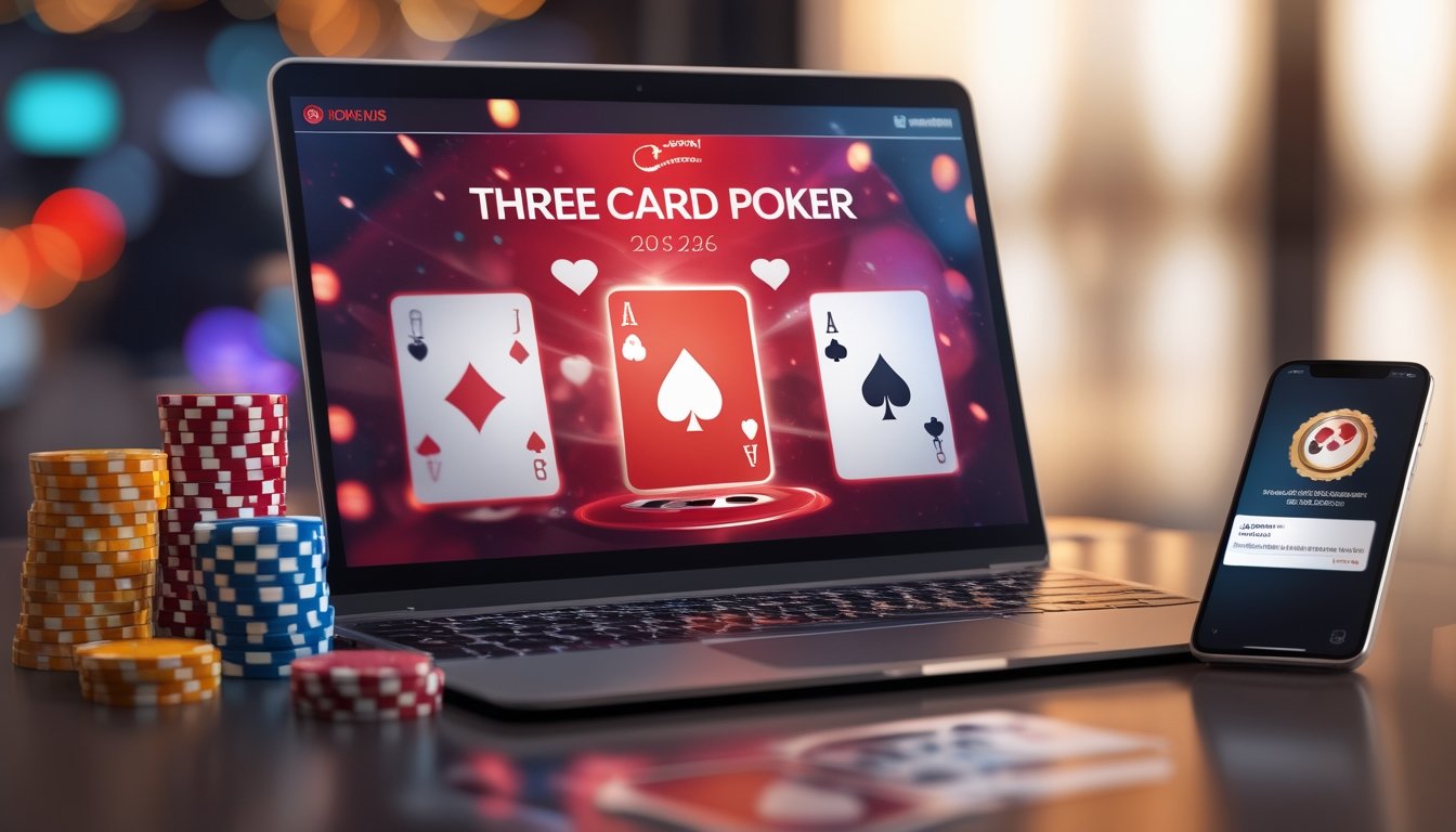 Seorang pemain poker online menggunakan laptop dan smartphone dengan tumpukan chip poker di meja.