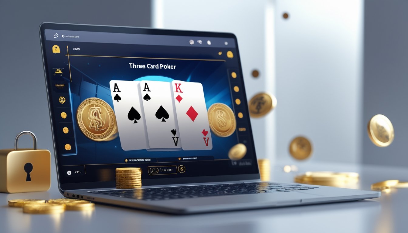 Seorang pengguna sedang bermain Three Card Poker online dengan kartu di layar komputer dan simbol keamanan serta hadiah di sekitar perangkat.