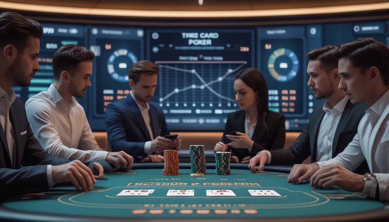 Suasana meja poker dengan tiga kartu, tumpukan chip, layar digital menampilkan grafik statistik, dan pemain yang sedang menganalisis strategi permainan.