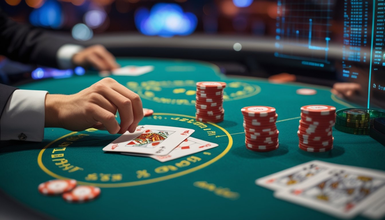 Tangan dealer membagikan tiga kartu poker di atas meja kasino dengan tumpukan chip di sekitarnya.