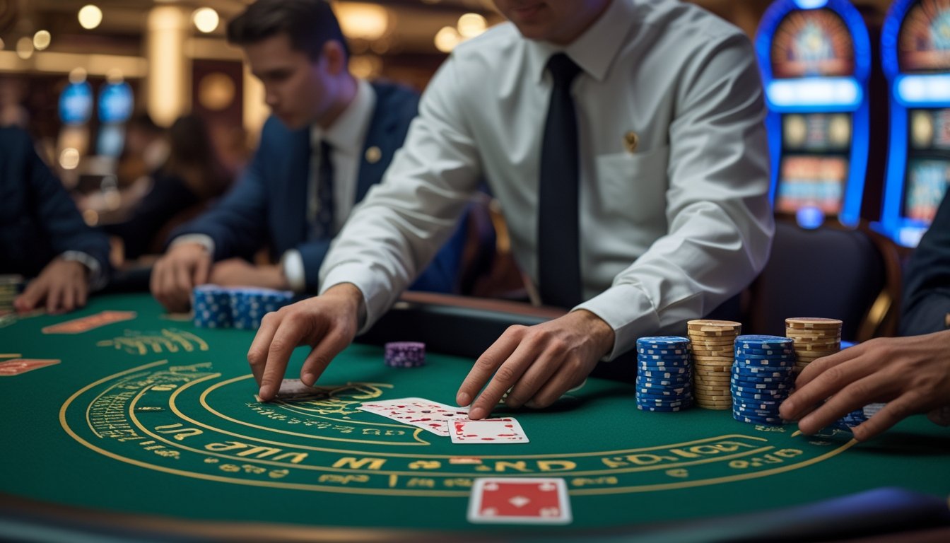 Meja permainan Three Card Poker dengan dealer membagikan kartu dan pemain memasang taruhan di kasino.