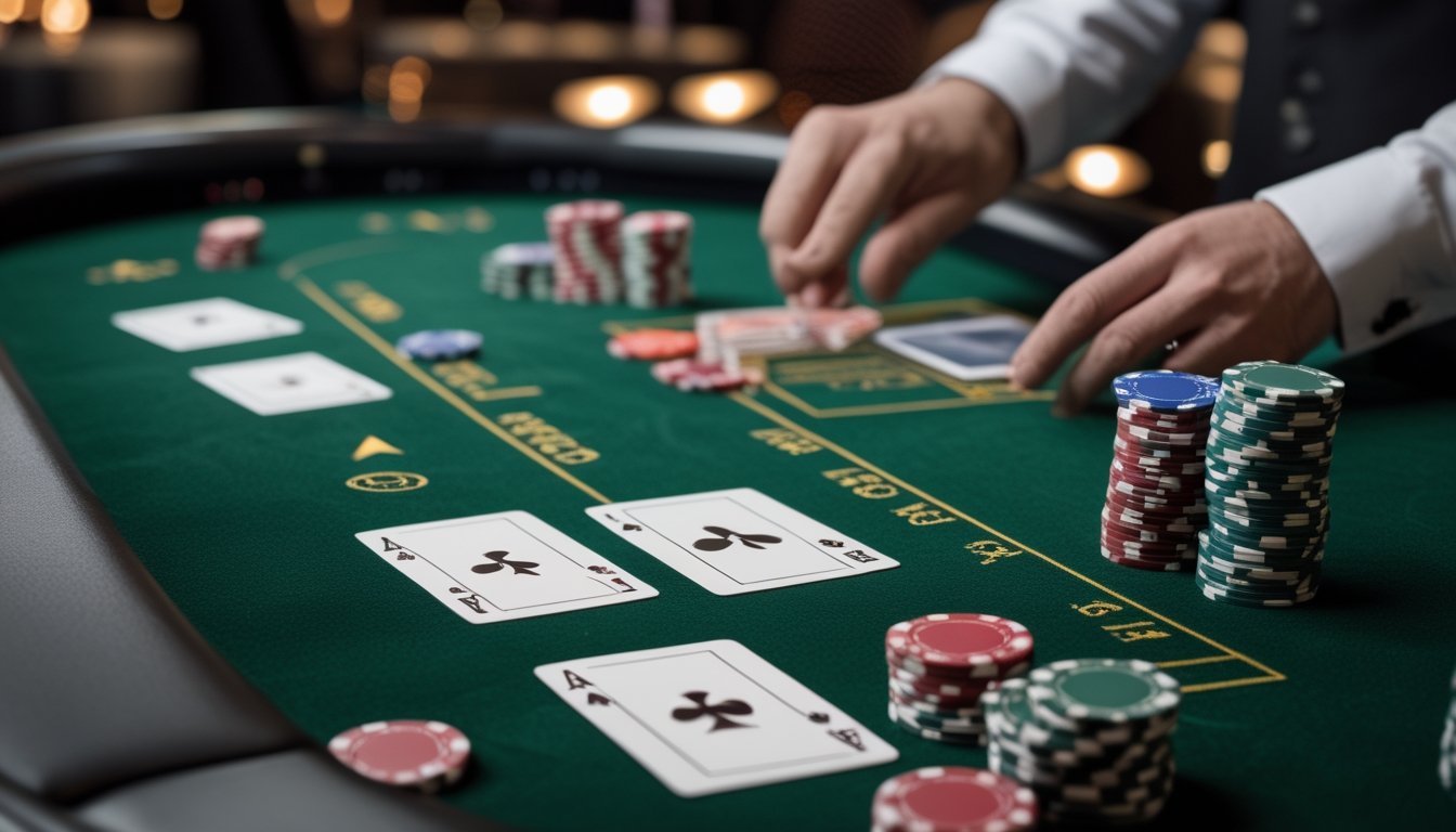 Meja poker dengan kartu dan chip taruhan sampingan pada permainan Three Card Poker di kasino.