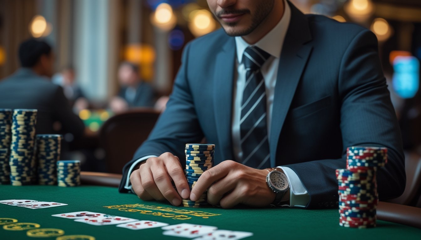 Seorang pria sedang mengatur chip poker di meja Three Card Poker di kasino.