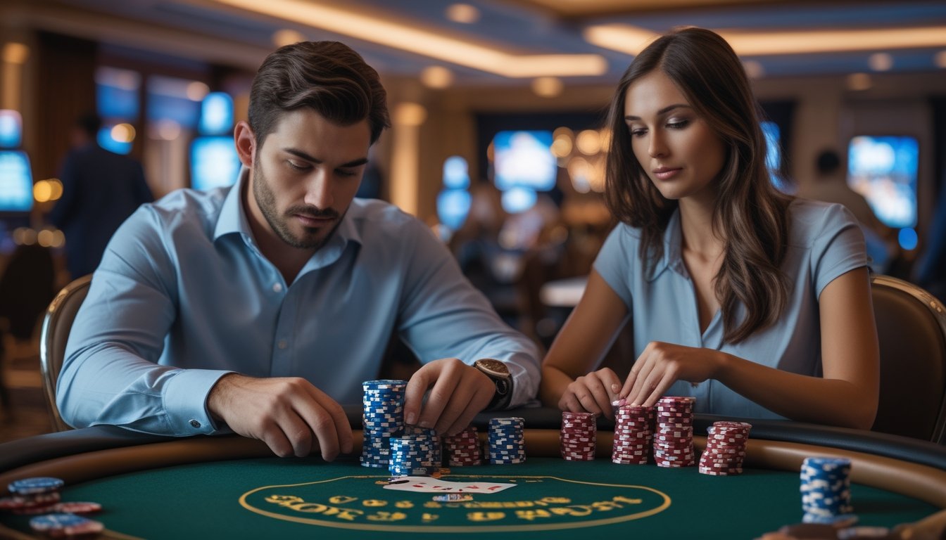 Seorang pria dan wanita duduk di meja kasino bermain Three Card Poker dengan tumpukan chip poker di depan mereka.