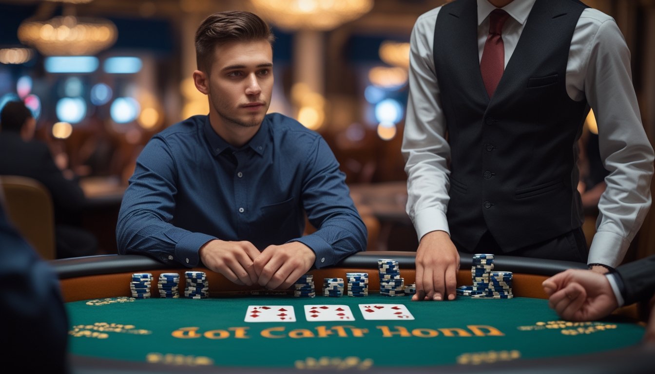 Seorang pemain poker pemula duduk di meja kasino dengan tiga kartu dan chip poker, tampak fokus dan berhati-hati saat bermain Three Card Poker.