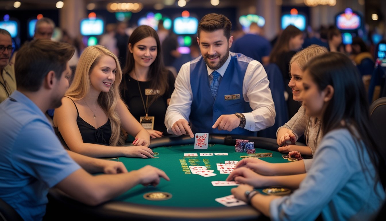 Sekelompok pemula sedang belajar aturan dasar Three Card Poker di meja kasino dengan dealer yang menjelaskan permainan.