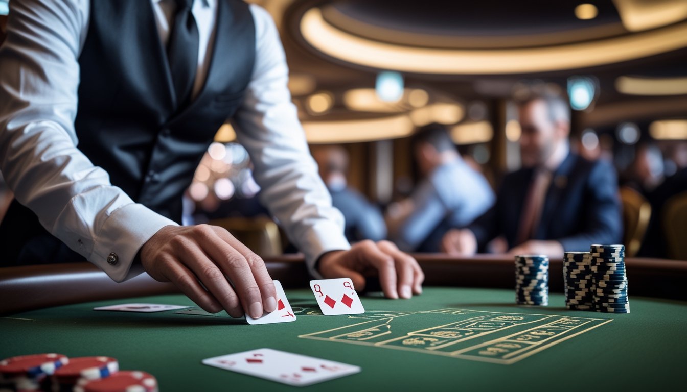 Seorang dealer dan pemain sedang bermain Three Card Poker dengan kartu dan chip di meja kasino.