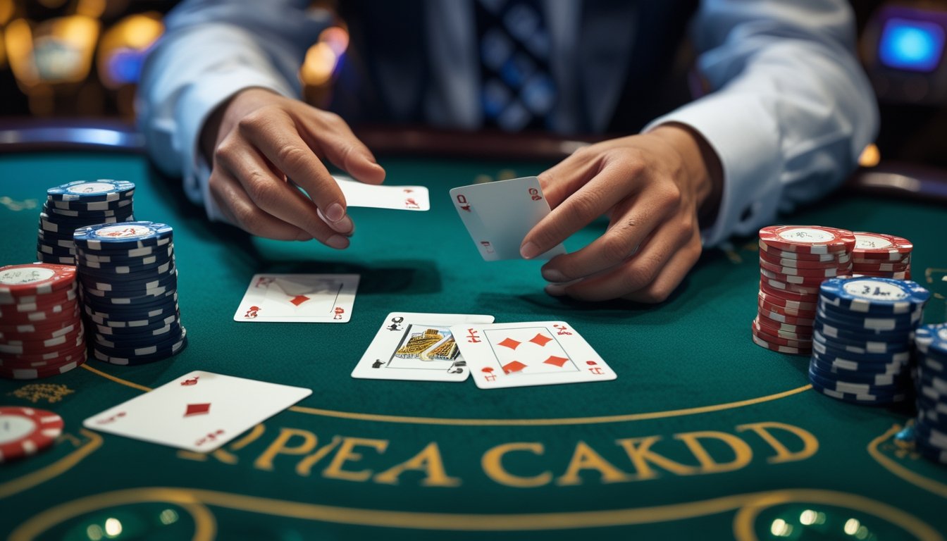 Meja permainan Three Card Poker dengan kartu dan tumpukan chip, dealer membagikan kartu di kasino.