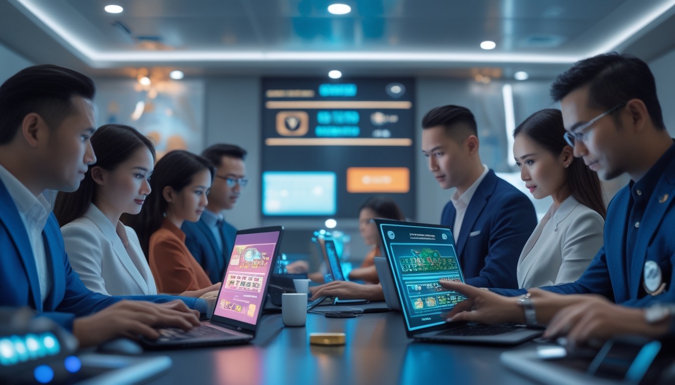 Orang-orang menggunakan perangkat digital di ruang modern dengan elemen budaya Indonesia, menunjukkan suasana kasino online yang aman dan terpercaya.