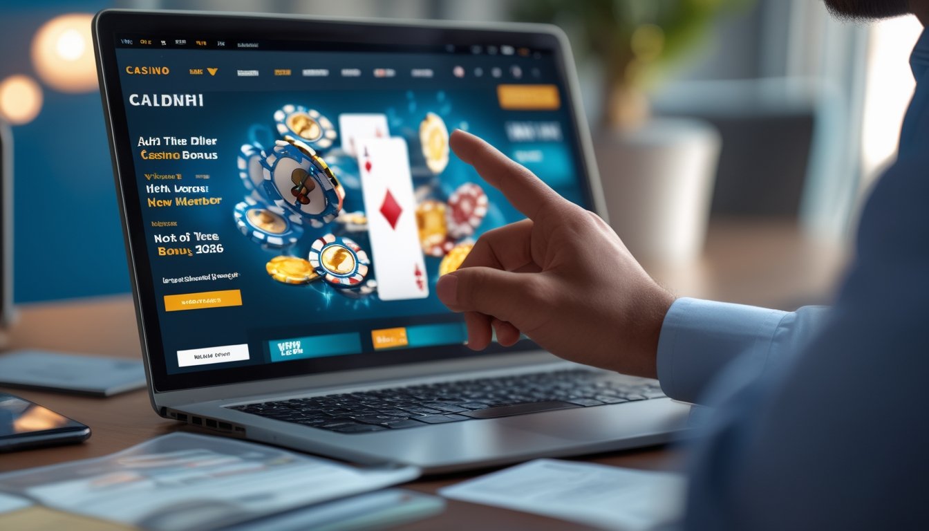 Seseorang sedang menggunakan laptop di meja kerja dengan tampilan situs kasino online di layar, terlihat suasana fokus memilih platform kasino online terbaik.