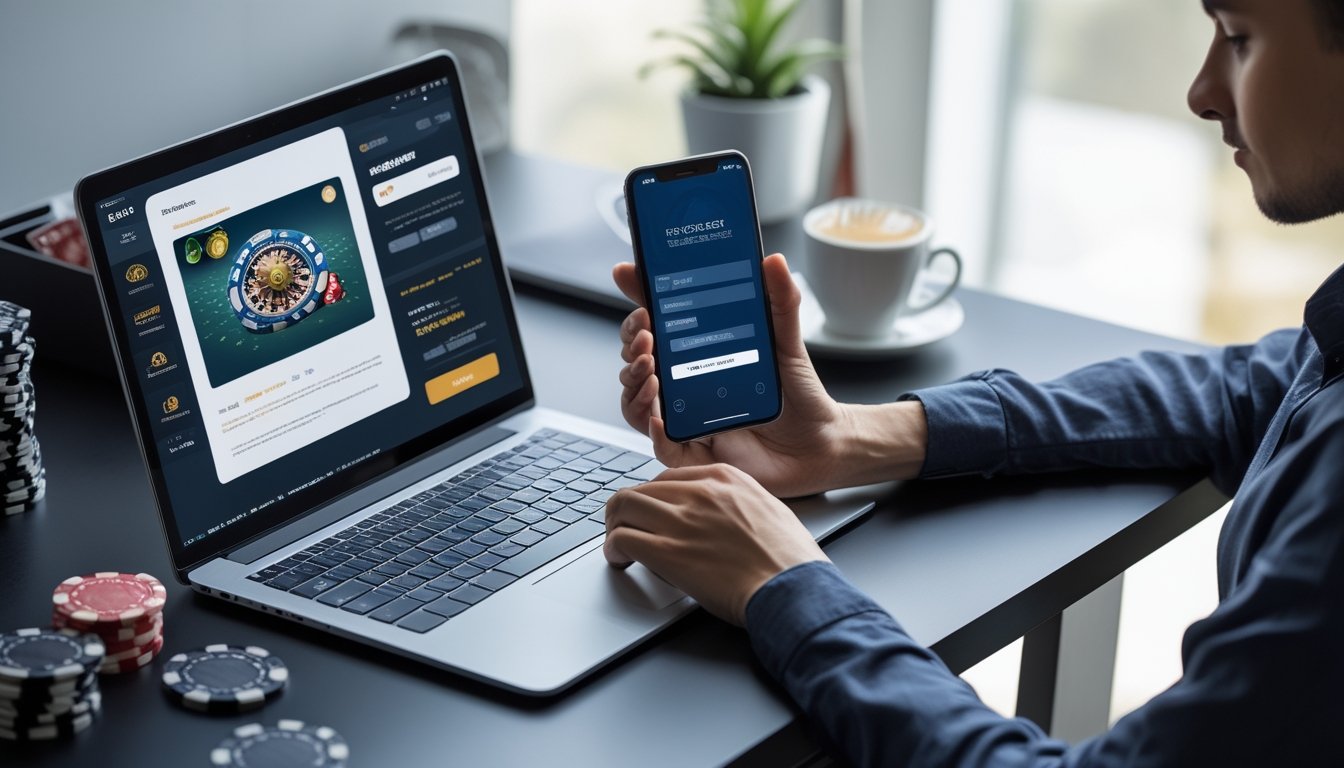 Seseorang sedang mendaftar akun kasino online menggunakan laptop di meja kerja dengan beberapa chip poker dan kartu bermain di sekitarnya.