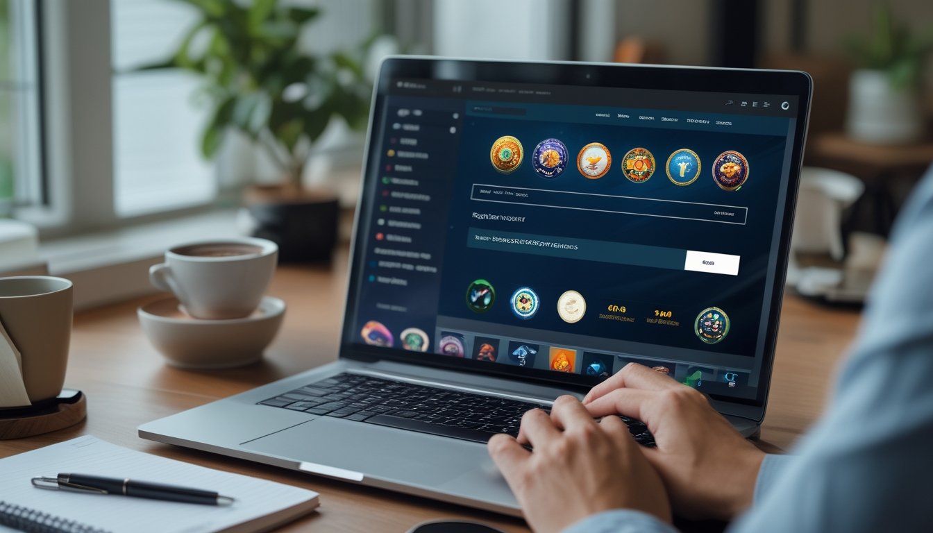 Seseorang sedang mengetik di laptop dengan tampilan situs kasino online dan alat tulis di meja di ruang kerja rumah.