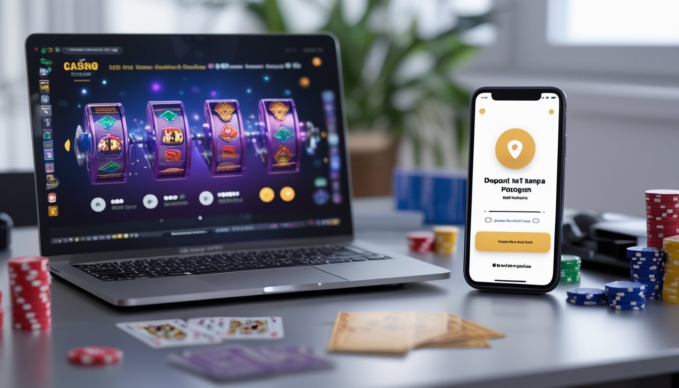 Seorang pengguna sedang bermain kasino online dengan laptop dan ponsel di meja yang rapi, menampilkan suasana permainan dan pembayaran digital tanpa potongan.