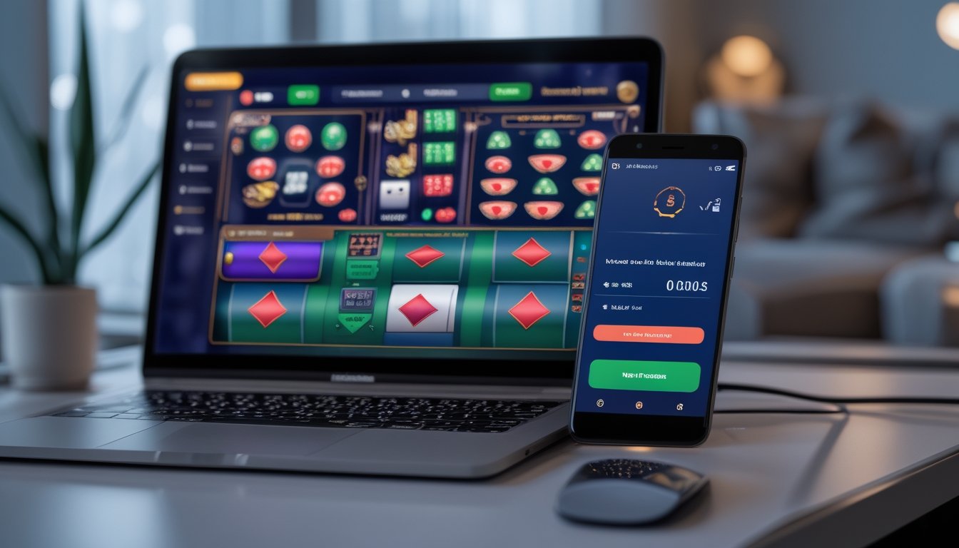 Seorang pengguna sedang melakukan deposit pulsa melalui ponsel di depan laptop dengan tampilan permainan kasino online.