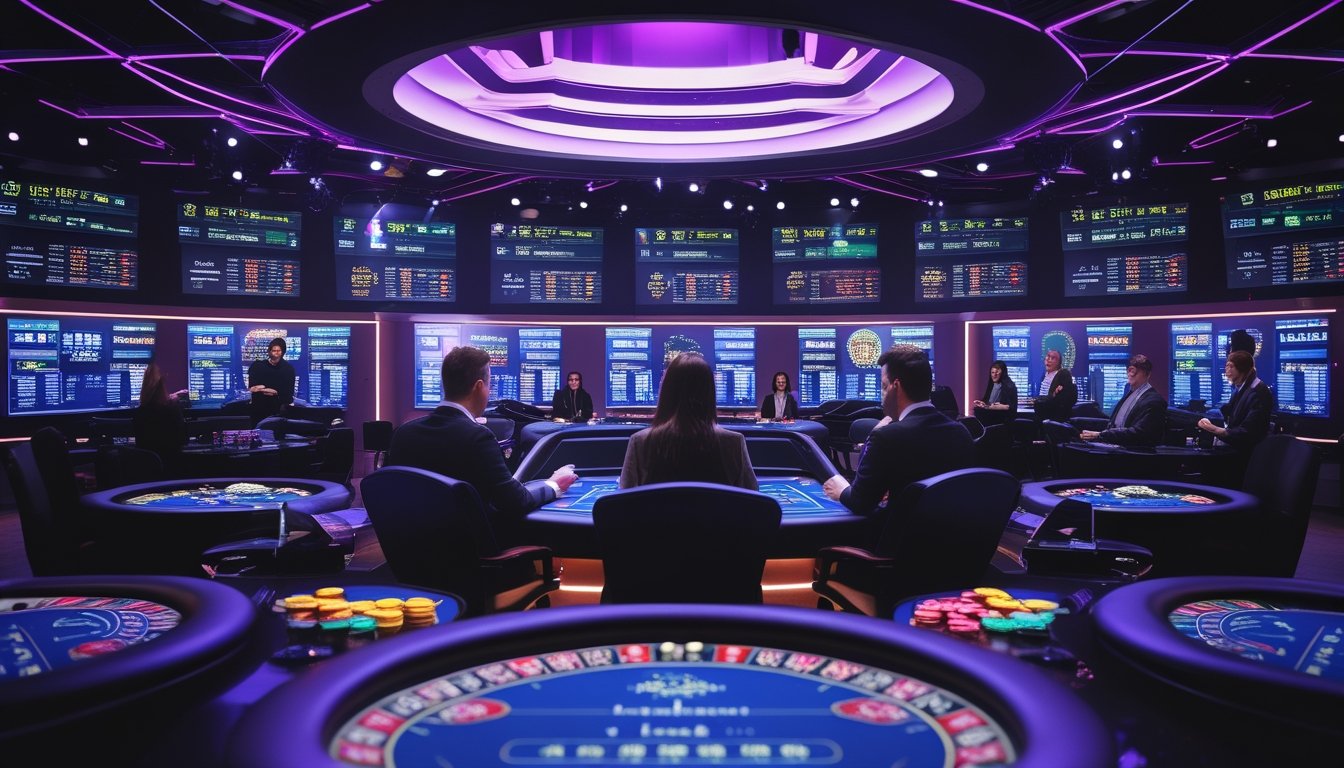 Seorang dealer kasino langsung sedang mengelola permainan kartu di studio kasino modern dengan meja permainan dan layar digital di latar belakang.