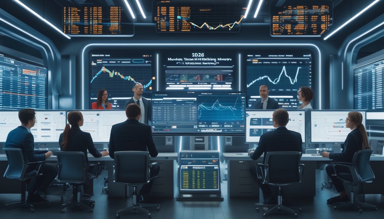 Sekelompok profesional bisnis sedang menganalisis data pasar dan taruhan sepak bola menggunakan layar digital di kantor modern.