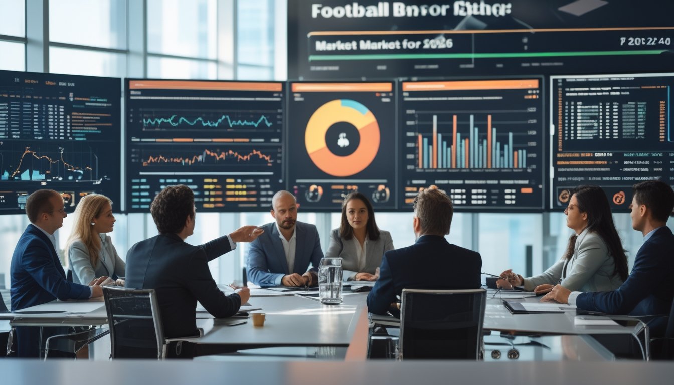 Sekelompok profesional sedang berdiskusi di ruang rapat dengan layar besar menampilkan data dan grafik terkait tren pasar taruhan bola.