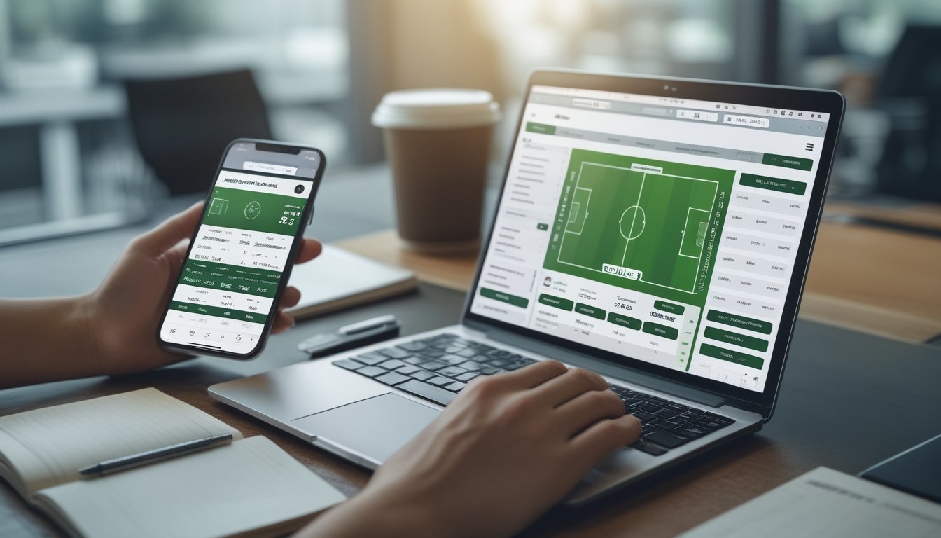 Seorang profesional menggunakan laptop dan ponsel untuk mengakses situs taruhan bola terpercaya di lingkungan kantor modern.