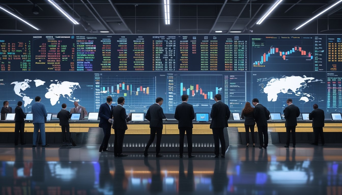 Lantai perdagangan keuangan modern dengan profesional bisnis yang sedang berdiskusi dan menganalisis data pasar saham global.