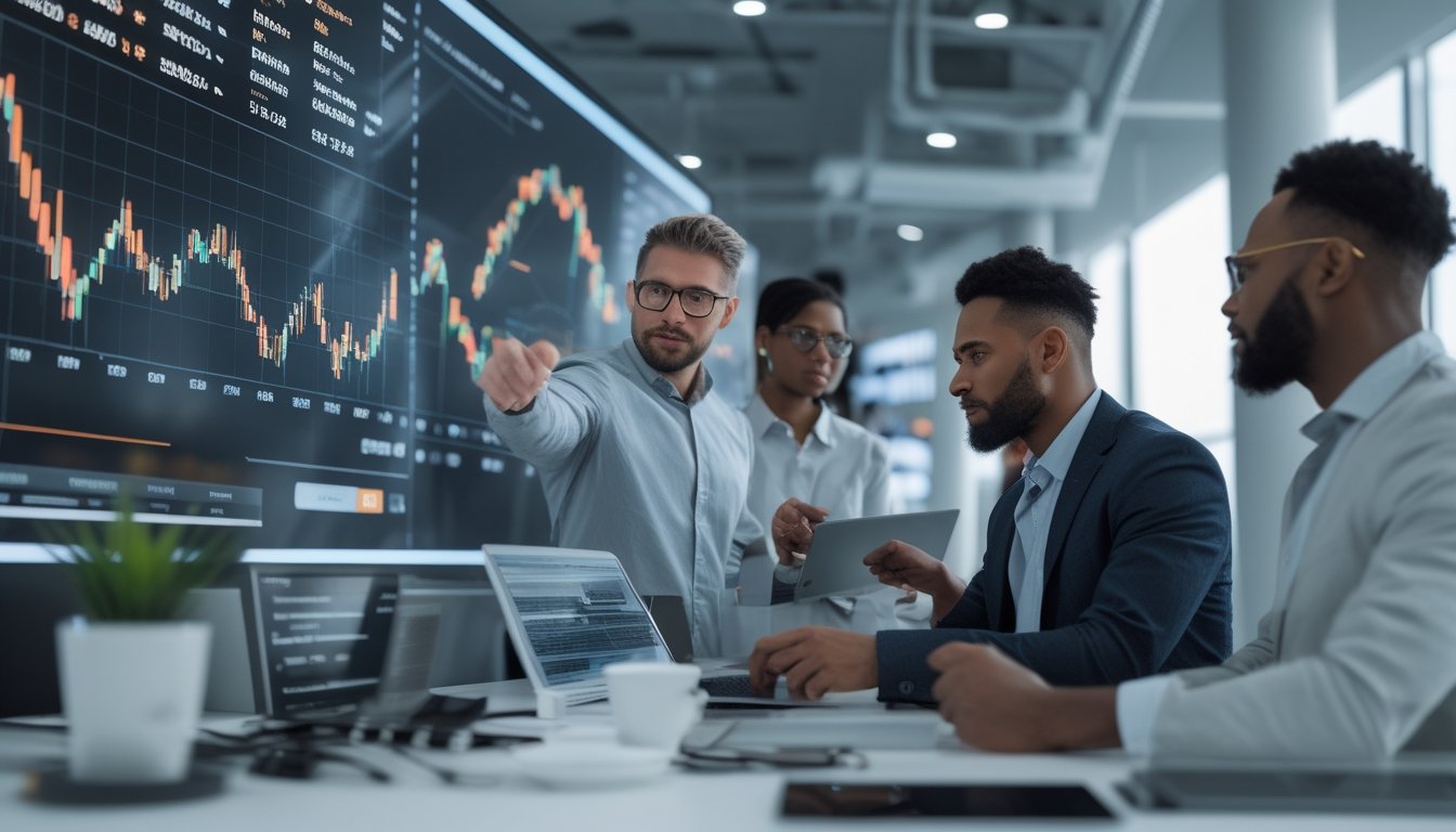 Sekelompok profesional bisnis sedang menganalisis grafik dan data pasar saham di ruang kantor modern dengan layar digital besar dan peta dunia di latar belakang.