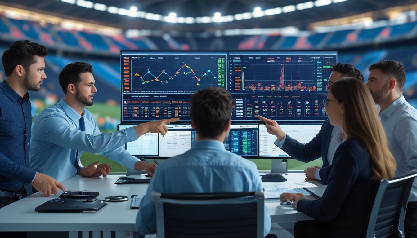 Beberapa analis olahraga sedang berdiskusi dan melihat layar komputer yang menampilkan grafik dan data prediksi odds untuk pertandingan final tahun 2026.