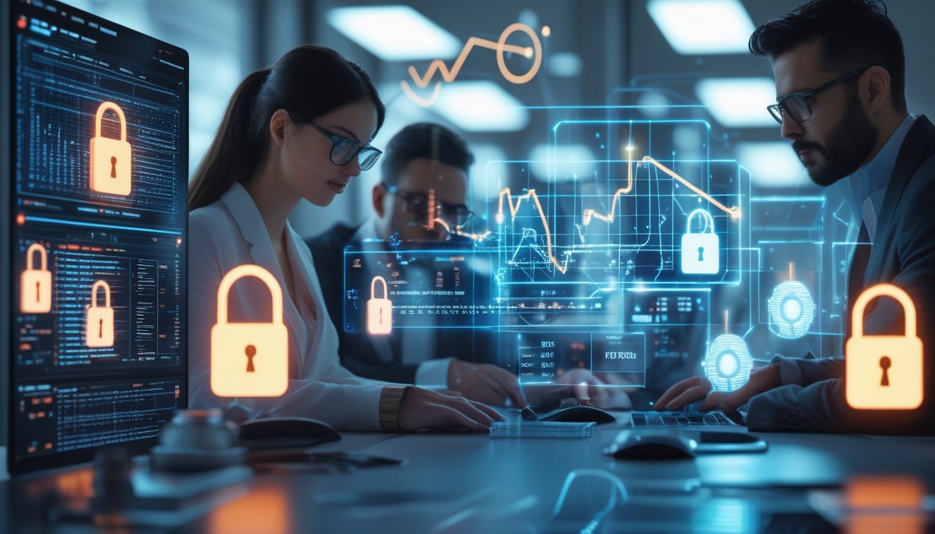 Seorang ahli keamanan siber dan seorang pebisnis sedang memantau sistem keamanan transaksi online dengan layar digital dan simbol enkripsi di kantor modern.