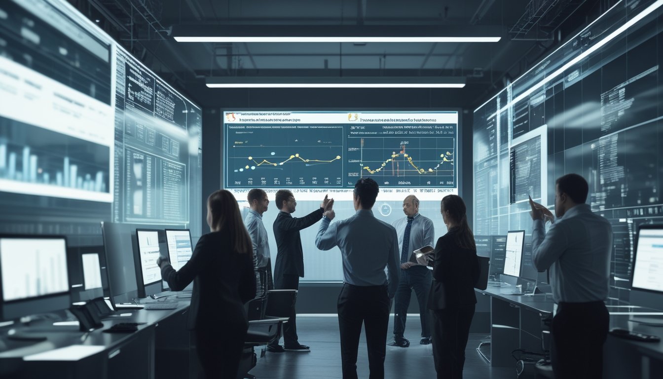 Sekelompok profesional sedang menganalisis grafik dan data pergerakan pasar bola di kantor modern.