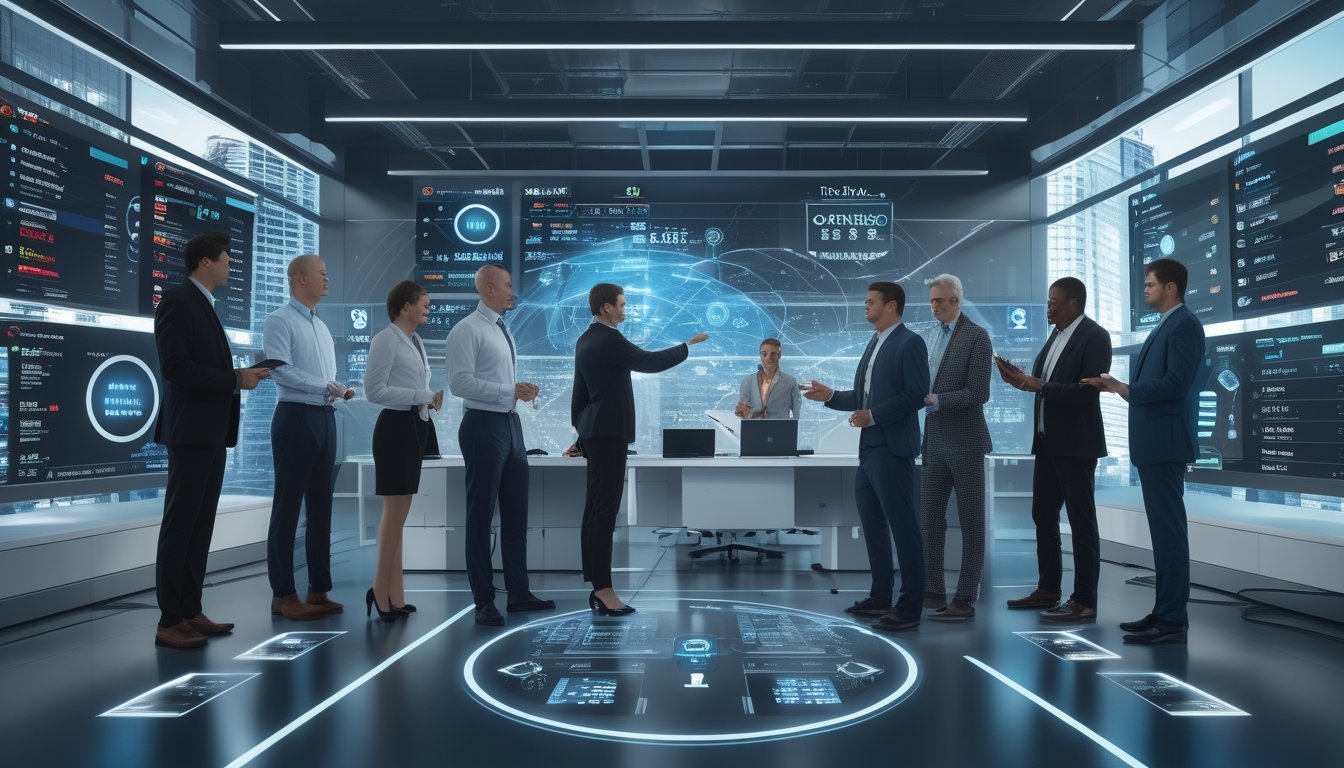 Sekelompok profesional sedang berdiskusi di kantor modern dengan layar digital besar menampilkan data taruhan olahraga dan grafik analitik.