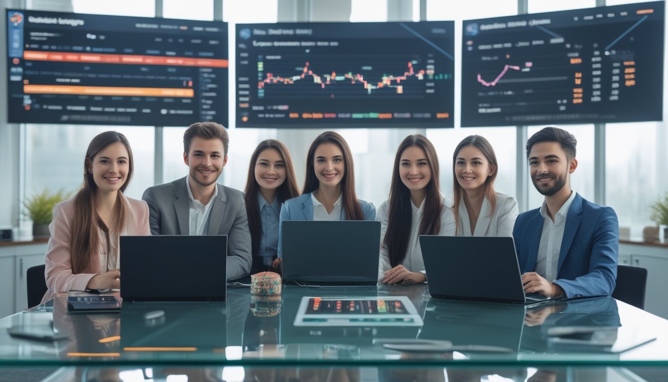Sekelompok orang muda sedang berdiskusi di kantor modern dengan perangkat digital yang menampilkan pertandingan sepak bola dan data taruhan.