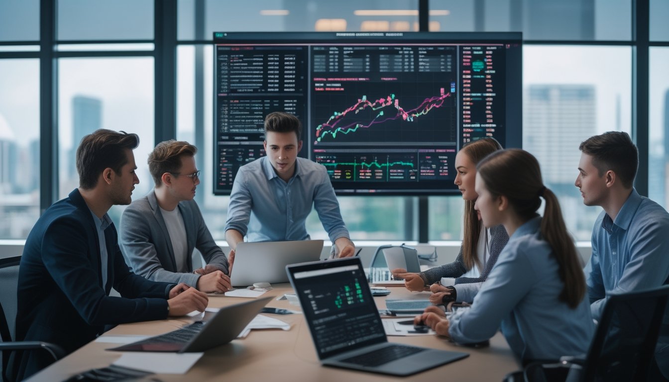 Sekelompok profesional muda sedang berdiskusi di kantor modern dengan layar digital menampilkan grafik dan data terkait pasar taruhan bola.